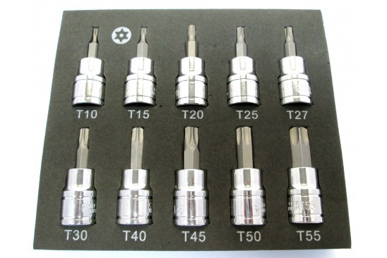 Torx doppenset met boring 3/8" in foam inlay 10-delig